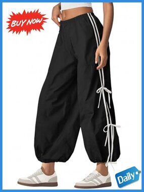 Women Parachute Pants Bow Knot Baggy Track Pants Wide Leg